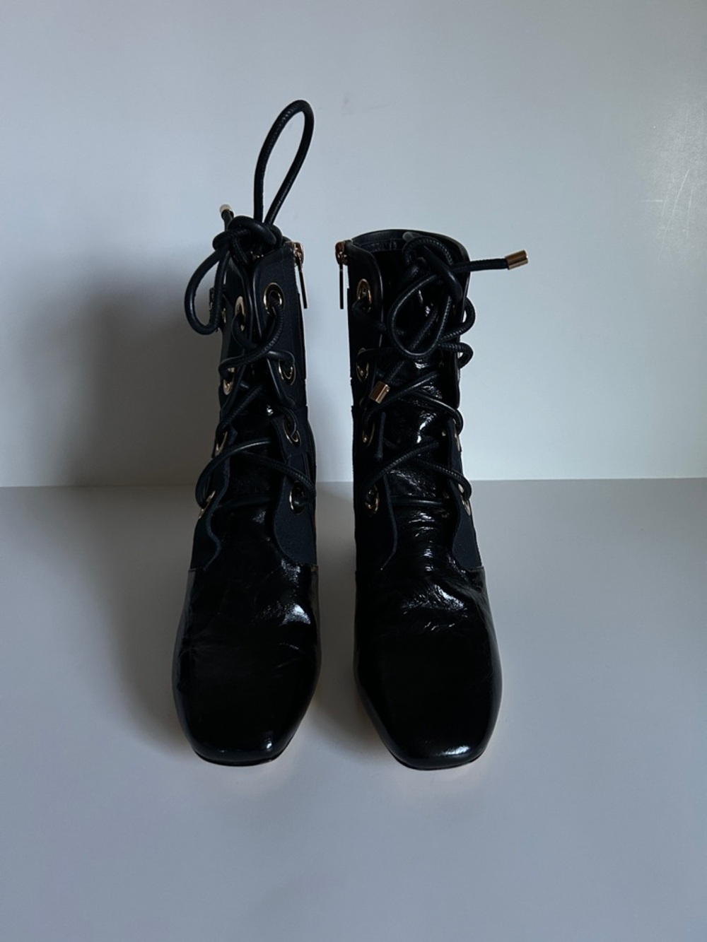 Dior Black Lace-Up Ankle Boots with Gold Ribbed Block Heel - Picture 5 of 6